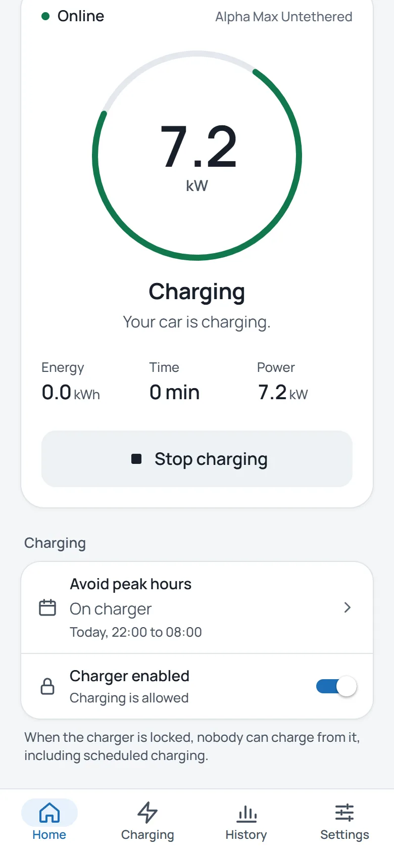 The home screen while the car charges at 7.2 kW.