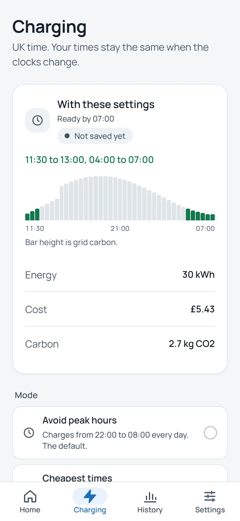 Lowest carbon: the plan follows the grid's carbon forecast.