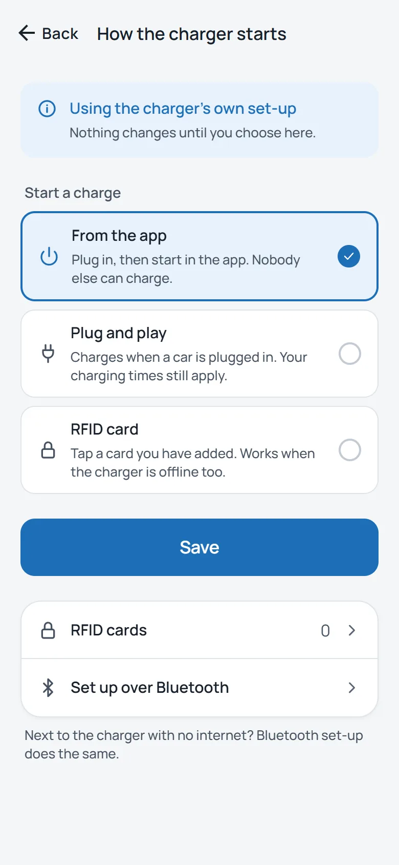 How the charger starts: from the app, plug and play, or an RFID card.